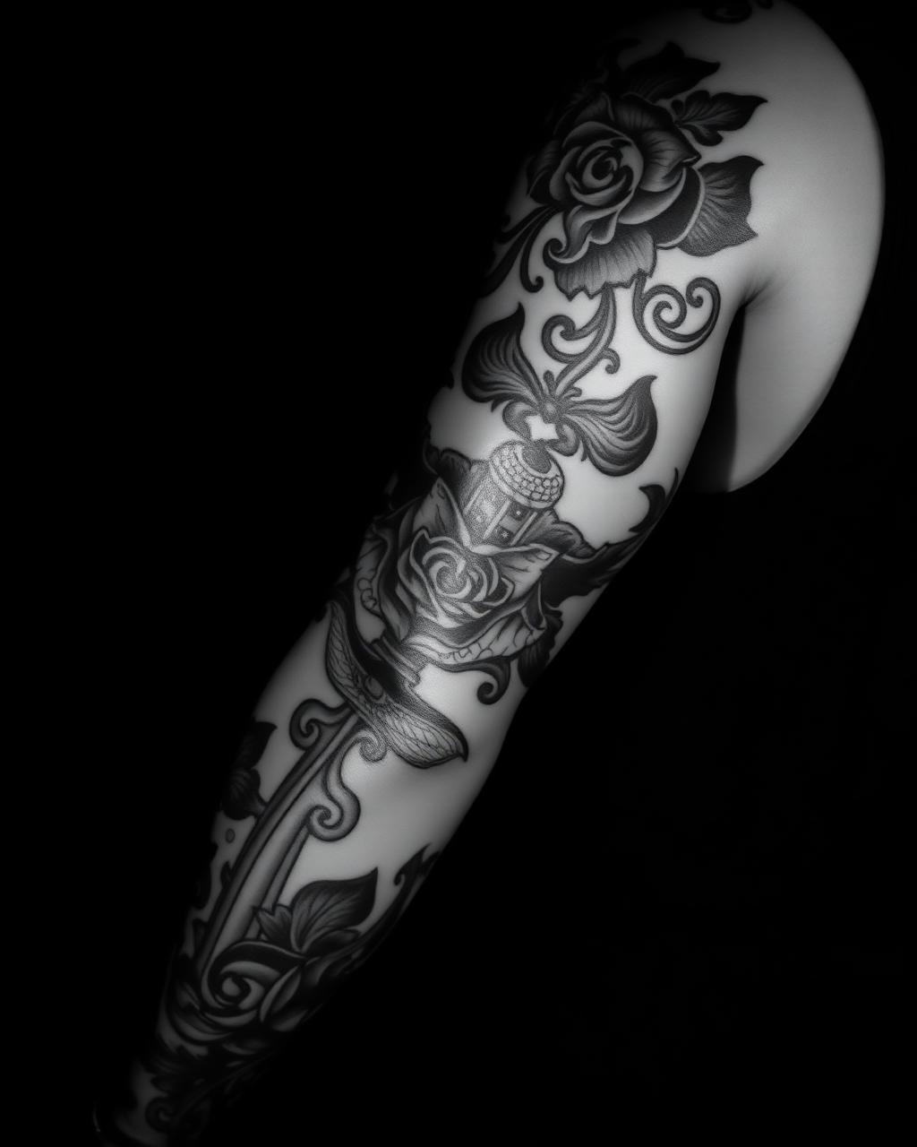 Manga de tatuagem tradicional a preto e cinza